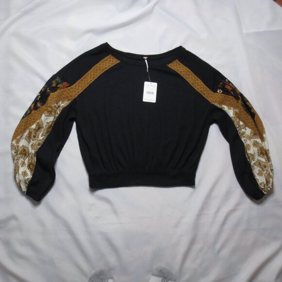 NWT FREE PEOPLE womens SHIRT boho BLACK blouse TOP ribbed CROPPED size M - Picture 6 of 16